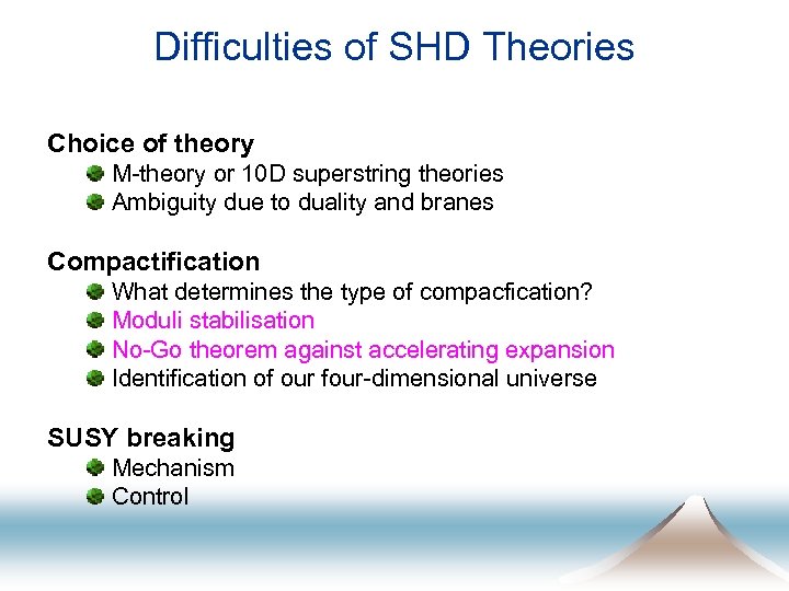 Difficulties of SHD Theories Choice of theory M-theory or 10 D superstring theories Ambiguity