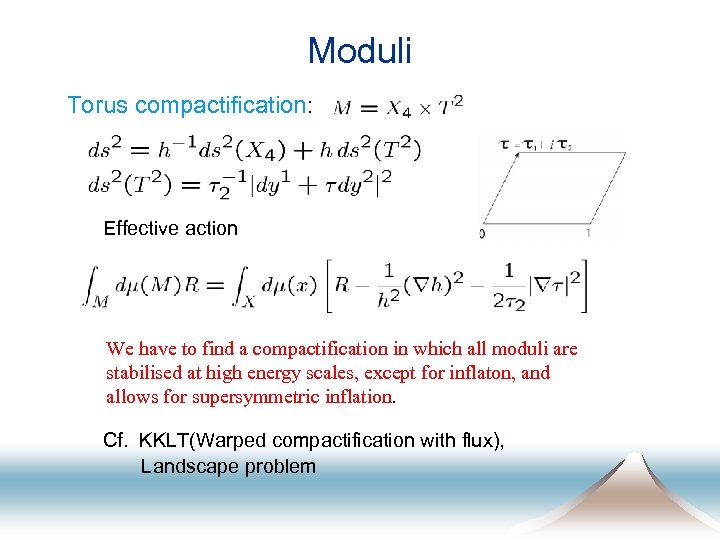 Moduli Torus compactification: Effective action We have to find a compactification in which all