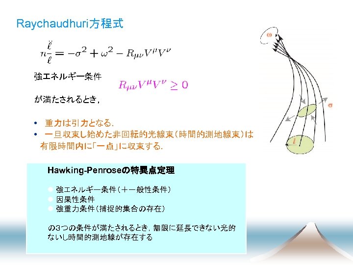 Raychaudhuri方程式 強エネルギー条件 が満たされるとき， • 重力は引力となる． • 一旦収束し始めた非回転的光線束（時間的測地線束）は 　有限時間内に「一点」に収束する． Hawking-Penroseの特異点定理 l 強エネルギー条件（＋一般性条件） l 因果性条件 l