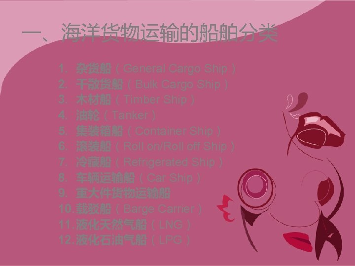 一、海洋货物运输的船舶分类 1. 杂货船（General Cargo Ship） 2. 干散货船（Bulk Cargo Ship） 3. 木材船（Timber Ship） 4. 油轮（Tanker）