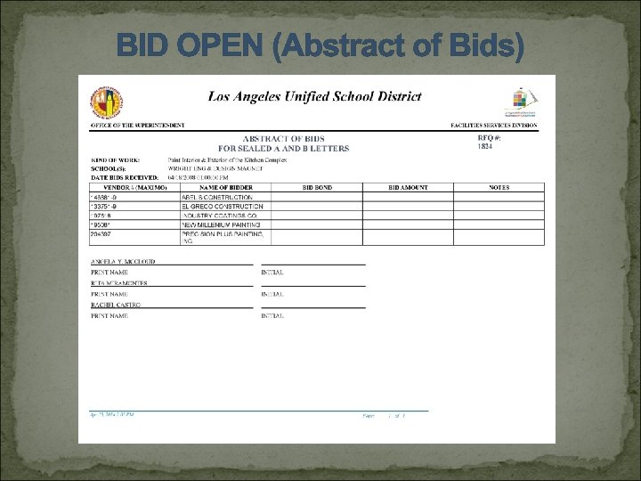 BID OPEN (Abstract of Bids) 