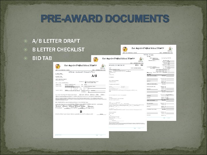  PRE-AWARD DOCUMENTS A/B LETTER DRAFT B LETTER CHECKLIST BID TAB 