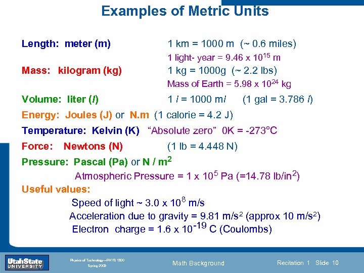 Examples of Metric Units Length: meter (m) 1 km = 1000 m (~ 0.