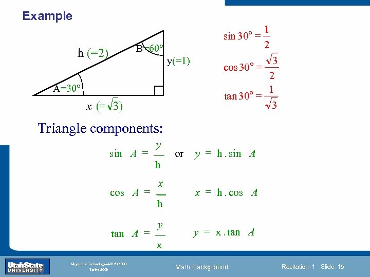 Example sin 30° = B=60° h (=2) y(=1) A=30° x (= 3) 1 2