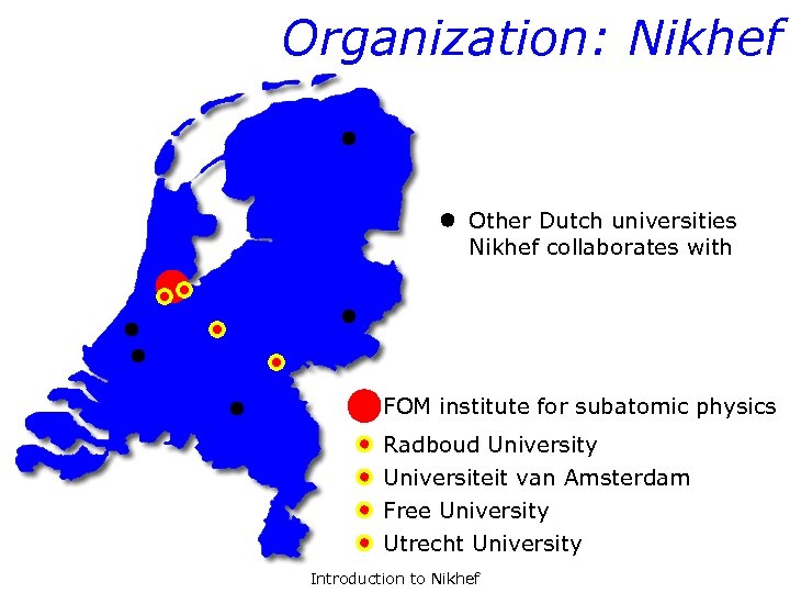 Organization: Nikhef Other Dutch universities Nikhef collaborates with FOM institute for subatomic physics Radboud