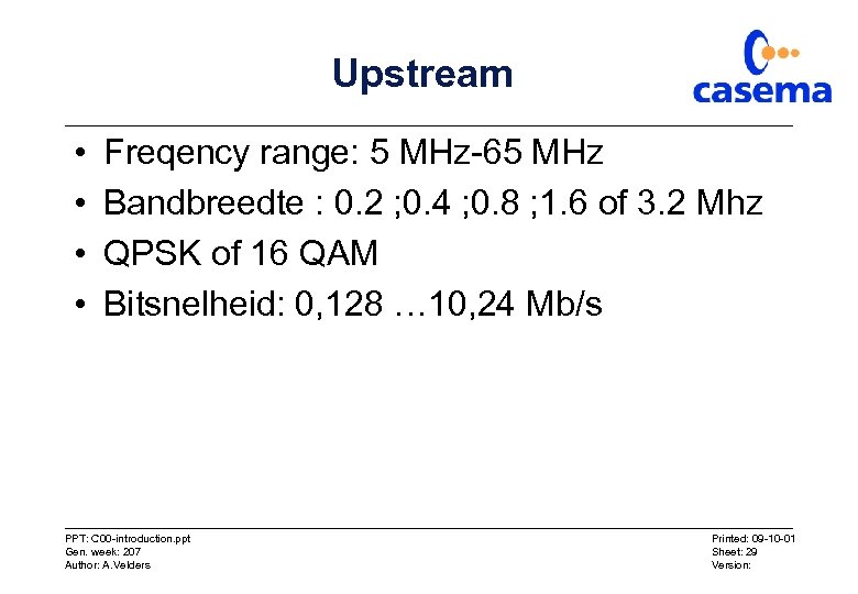 Upstream • • Freqency range: 5 MHz-65 MHz Bandbreedte : 0. 2 ; 0.