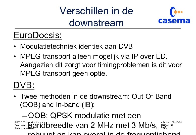 Verschillen in de downstream Euro. Docsis: • Modulatietechniek identiek aan DVB • MPEG transport