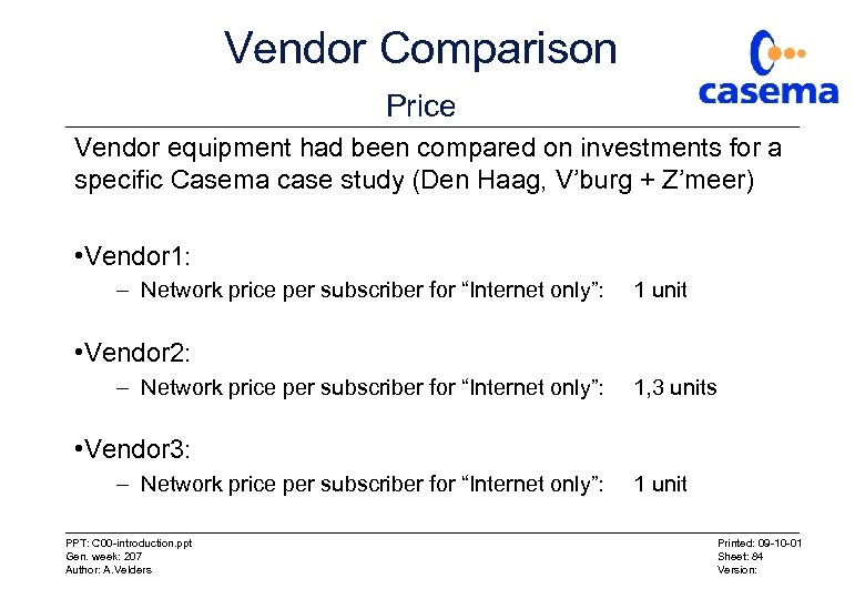 Vendor Comparison Price Vendor equipment had been compared on investments for a specific Casema