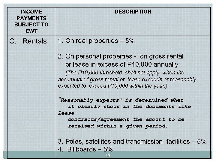 INCOME PAYMENTS SUBJECT TO EWT C. Rentals DESCRIPTION 1. On real properties – 5%