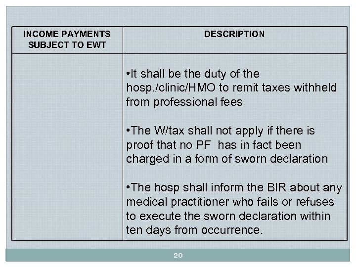 INCOME PAYMENTS SUBJECT TO EWT DESCRIPTION • It shall be the duty of the