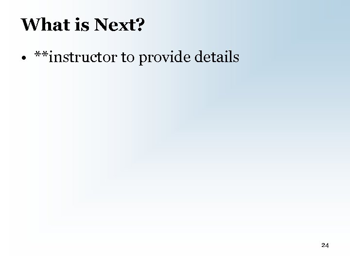 What is Next? • **instructor to provide details 24 