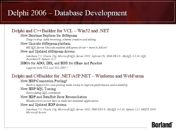 Delphi 2006 – Database Development Delphi and C++Builder for VCL – Win 32 and.