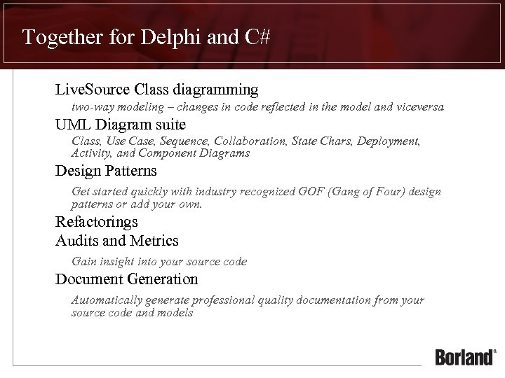 Together for Delphi and C# Live. Source Class diagramming two-way modeling – changes in