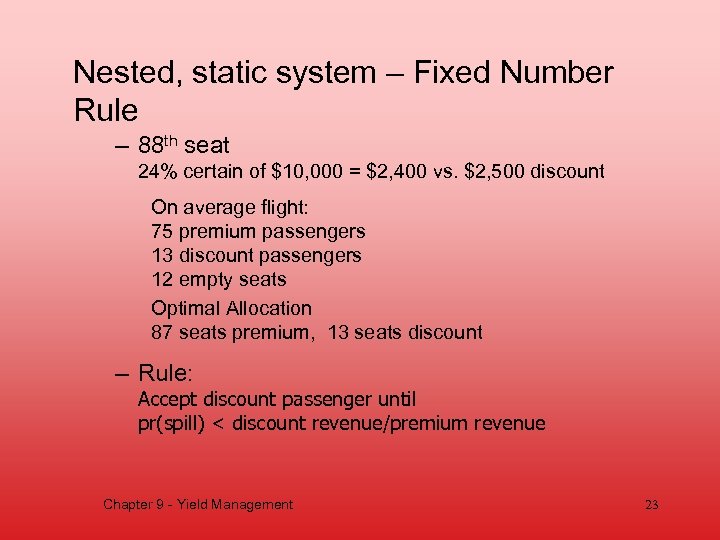 Nested, static system – Fixed Number Rule – 88 th seat 24% certain of