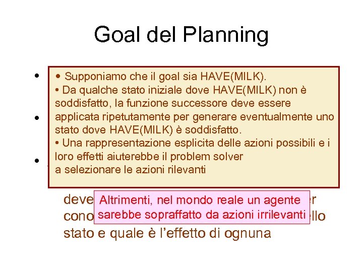 Goal del Planning • Supponiamo azioni per raggiungere un • Scegliere leche il goal