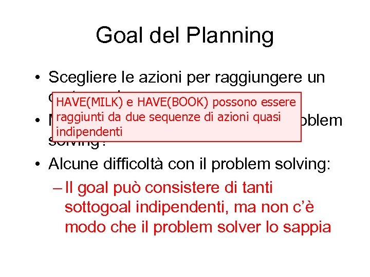 Goal del Planning • Scegliere le azioni per raggiungere un certo goal e HAVE(BOOK)