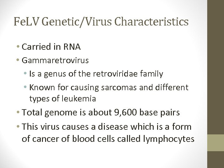 Fe. LV Genetic/Virus Characteristics • Carried in RNA • Gammaretrovirus • Is a genus