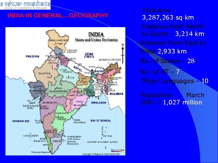 INDIA IN GENERAL…GEOGRAPHY Total Area – 3, 287, 263 sq km Distance from North