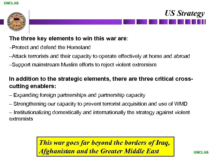UNCLAS US Strategy The three key elements to win this war are: –Protect and