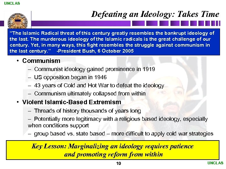 UNCLAS Defeating an Ideology: Takes Time “The Islamic Radical threat of this century greatly