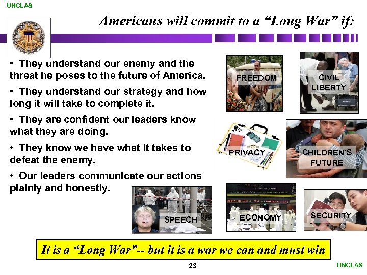 UNCLAS Americans will commit to a “Long War” if: • They understand our enemy