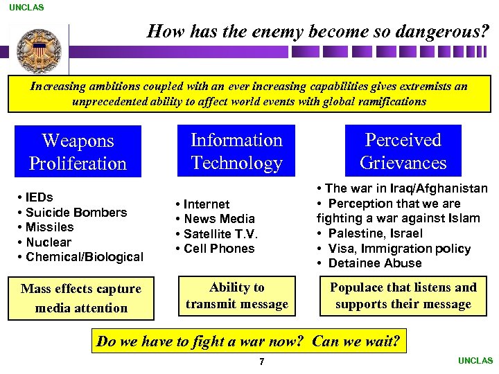 UNCLAS How has the enemy become so dangerous? Increasing ambitions coupled with an ever
