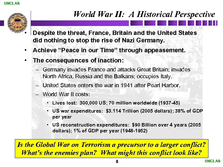 UNCLAS World War II: A Historical Perspective • Despite threat, France, Britain and the