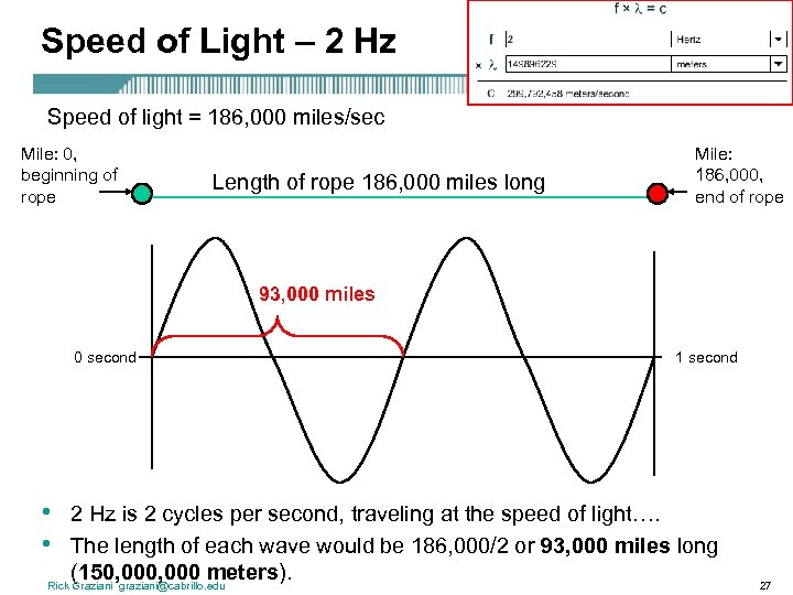 Speed of Light – 2 Hz Speed of light = 186, 000 miles/sec Mile: