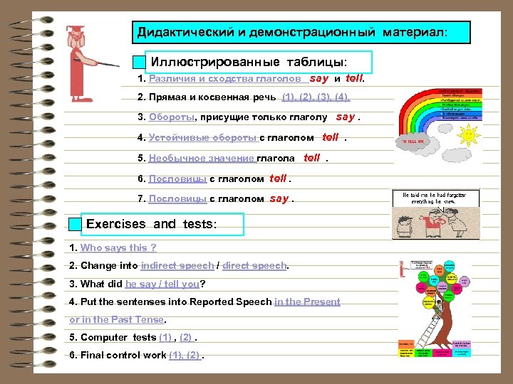 Дидактический и демонстрационный материал: Иллюстрированные таблицы: 1. Различия и сходства глаголов say и tell.