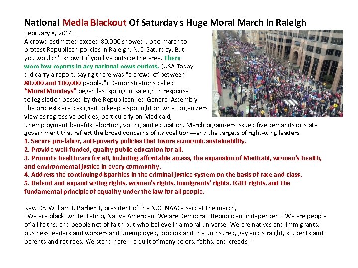 National Media Blackout Of Saturday's Huge Moral March In Raleigh February 8, 2014 A