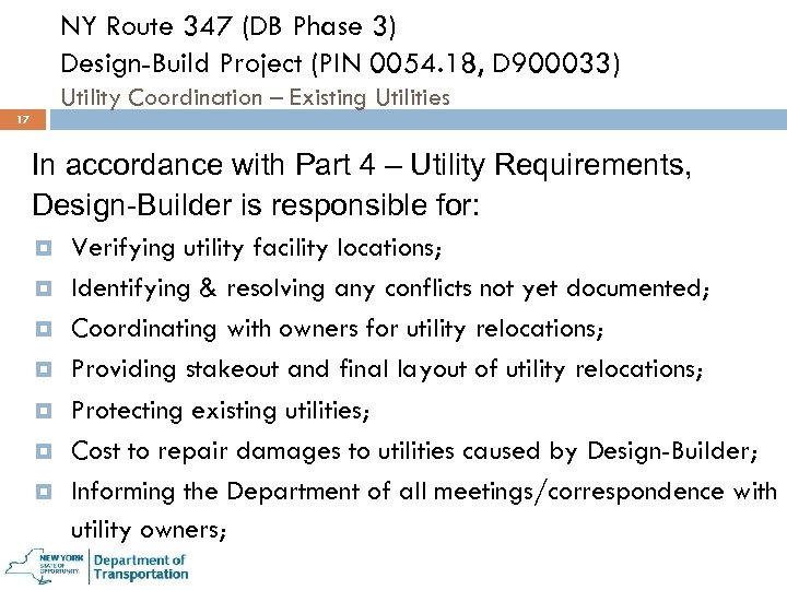 NY Route 347 (DB Phase 3) Design-Build Project (PIN 0054. 18, D 900033) Utility