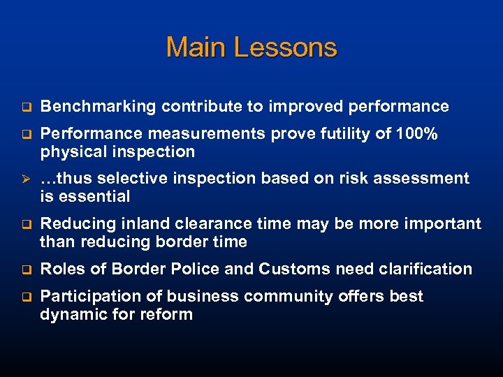 Main Lessons q Benchmarking contribute to improved performance q Performance measurements prove futility of
