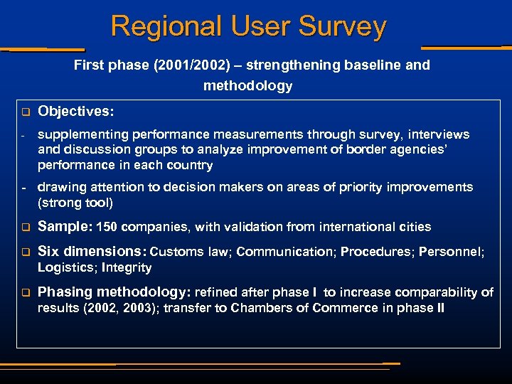 Regional User Survey First phase (2001/2002) – strengthening baseline and methodology q Objectives: -