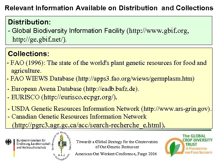 Relevant Information Available on Distribution and Collections Distribution: Global Biodiversity Information Facility (http: //www.