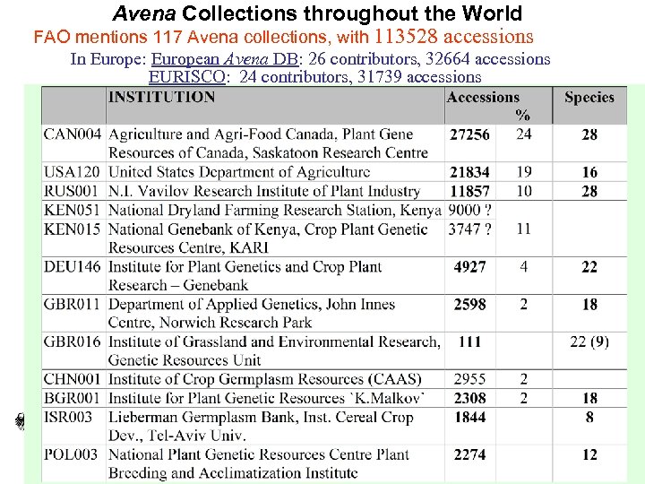 Avena Collections throughout the World FAO mentions 117 Avena collections, with 113528 accessions In