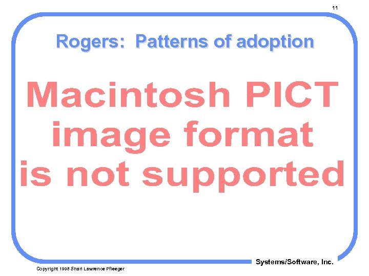 11 Rogers: Patterns of adoption Systems/Software, Inc. Copyright 1998 Shari Lawrence Pfleeger 
