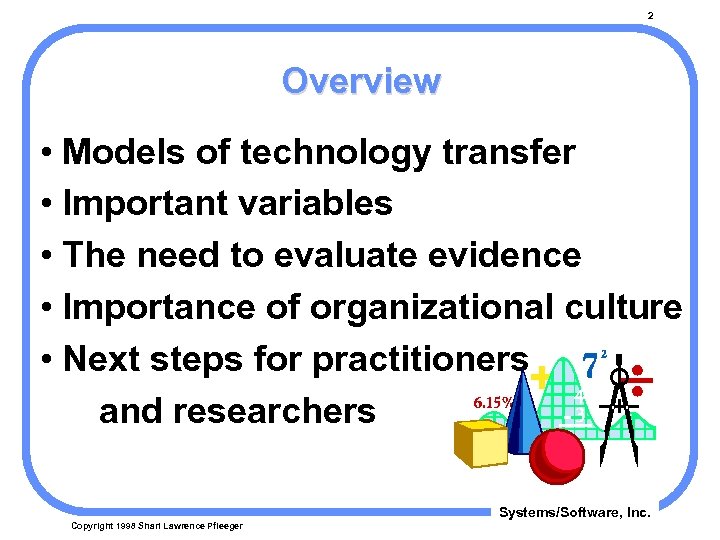 2 Overview • Models of technology transfer • Important variables • The need to