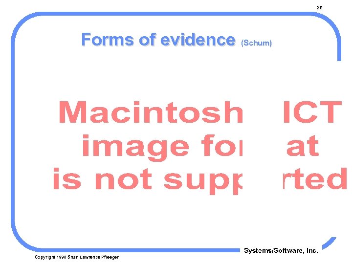 26 Forms of evidence (Schum) Systems/Software, Inc. Copyright 1998 Shari Lawrence Pfleeger 