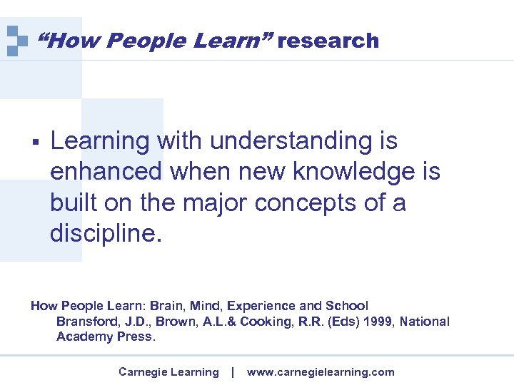 “How People Learn” research § Learning with understanding is enhanced when new knowledge is