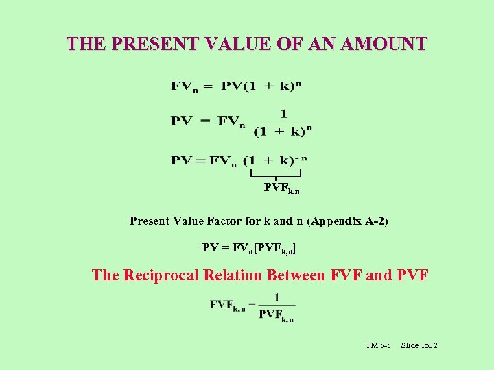 THE PRESENT VALUE OF AN AMOUNT PVFk, n Present Value Factor for k and