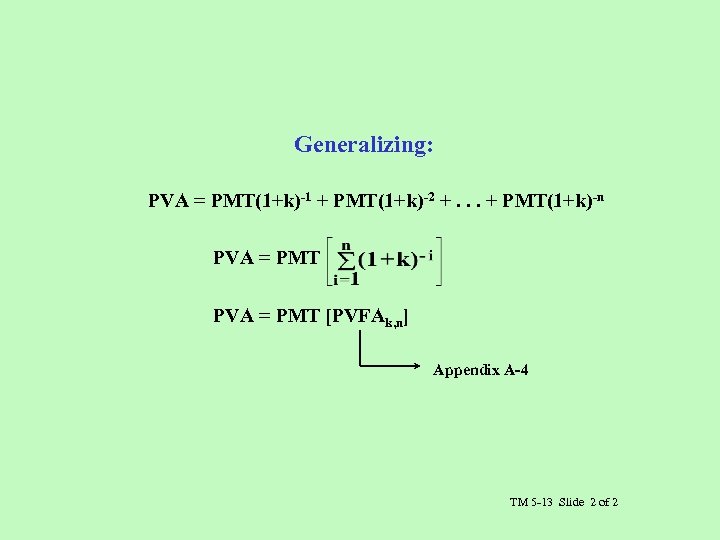 Generalizing: PVA = PMT(1+k)-1 + PMT(1+k)-2 +. . . + PMT(1+k)-n PVA = PMT