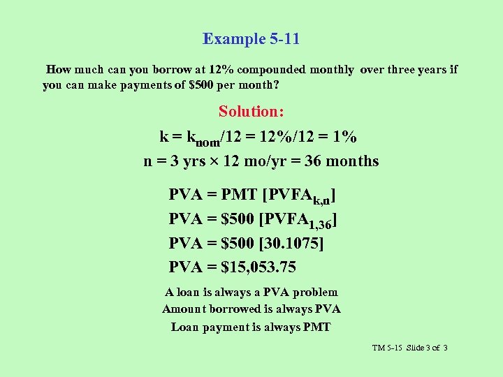 Example 5 -11 How much can you borrow at 12% compounded monthly over three