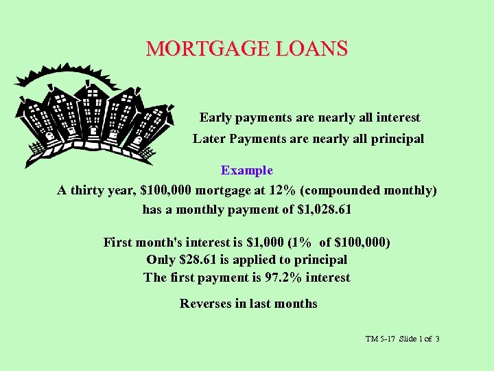 MORTGAGE LOANS Early payments are nearly all interest Later Payments are nearly all principal