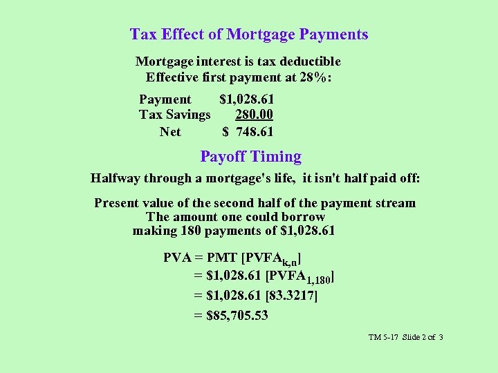 Tax Effect of Mortgage Payments Mortgage interest is tax deductible Effective first payment at