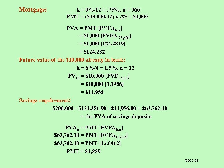 Mortgage: k = 9%/12 =. 75%, n = 360 PMT = ($48, 000/12) x.