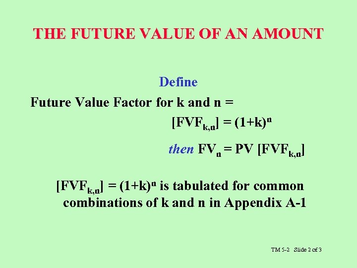 THE FUTURE VALUE OF AN AMOUNT Define Future Value Factor for k and n