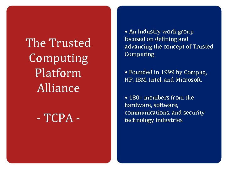 The Trusted Computing Platform Alliance - TCPA - • An Industry work group focused