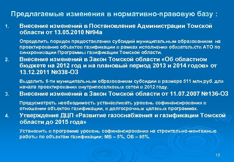 Предлагаемые изменения в нормативно-правовую базу : 1. Внесение изменений в Постановление Администрации Томской области