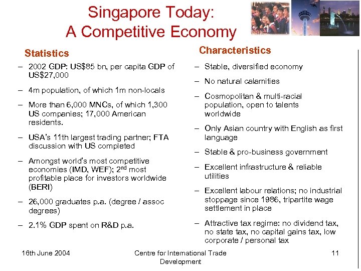 Singapore Today: A Competitive Economy Characteristics Statistics – 2002 GDP: US$85 bn, per capita