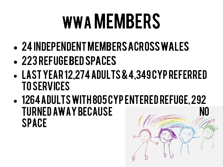 WWA MEMBERS • 24 independent members across Wales • 223 refuge bed spaces •
